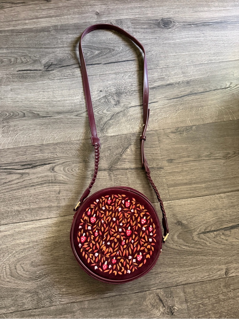 Fable England Magical Mushroom Embroidered Burgundy Velvet Circle Bag